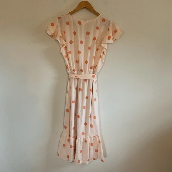 Lauren Conrad Faux Wrap Midi Dress Sz L Peach Orange Polka Dot Flutter Sleeve - Picture 4 of 11